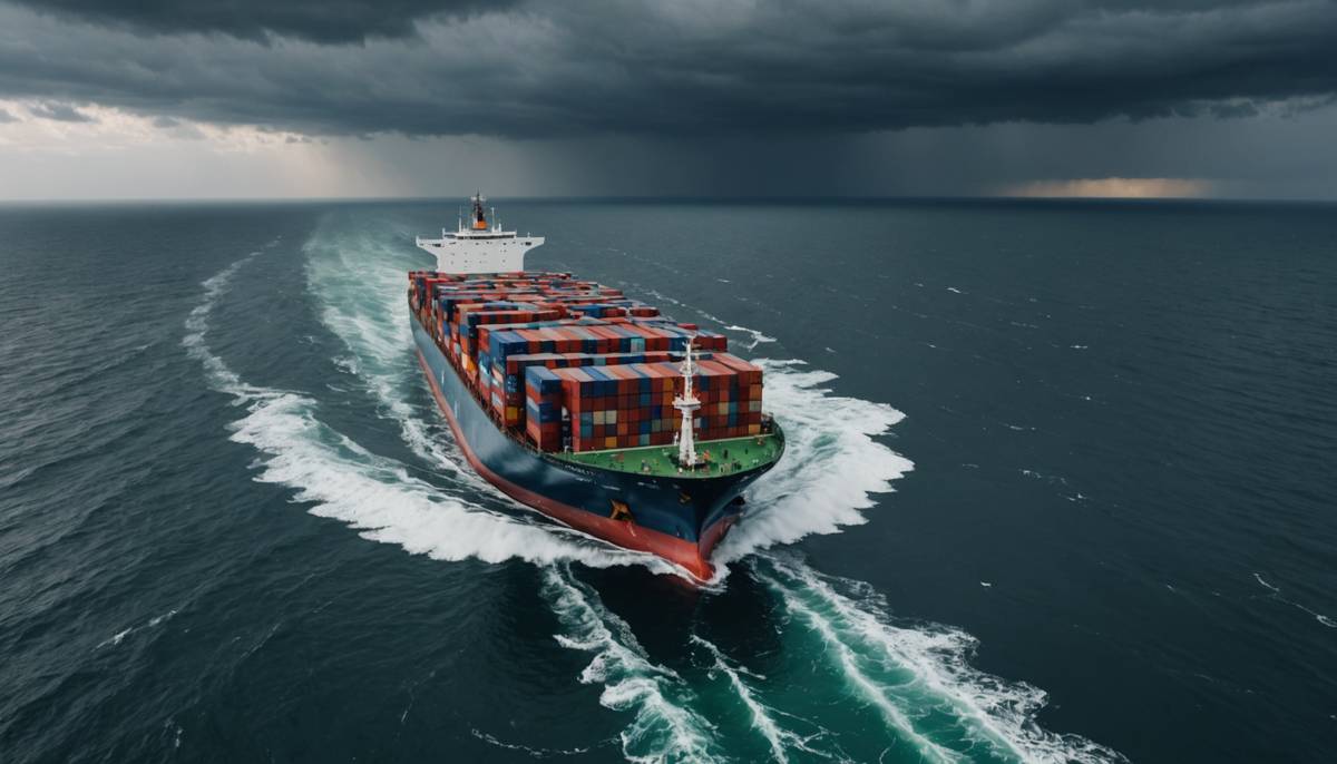 Container ship crossing a stormy ocean