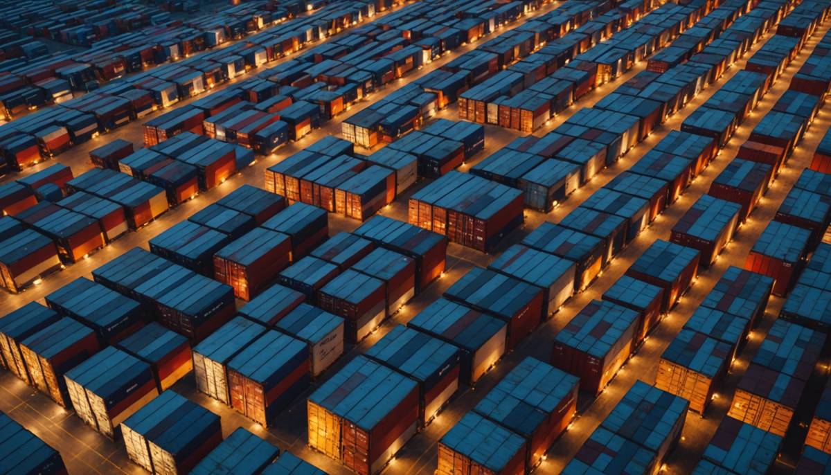 Aerial view of a warehouse yard with containers under inspection