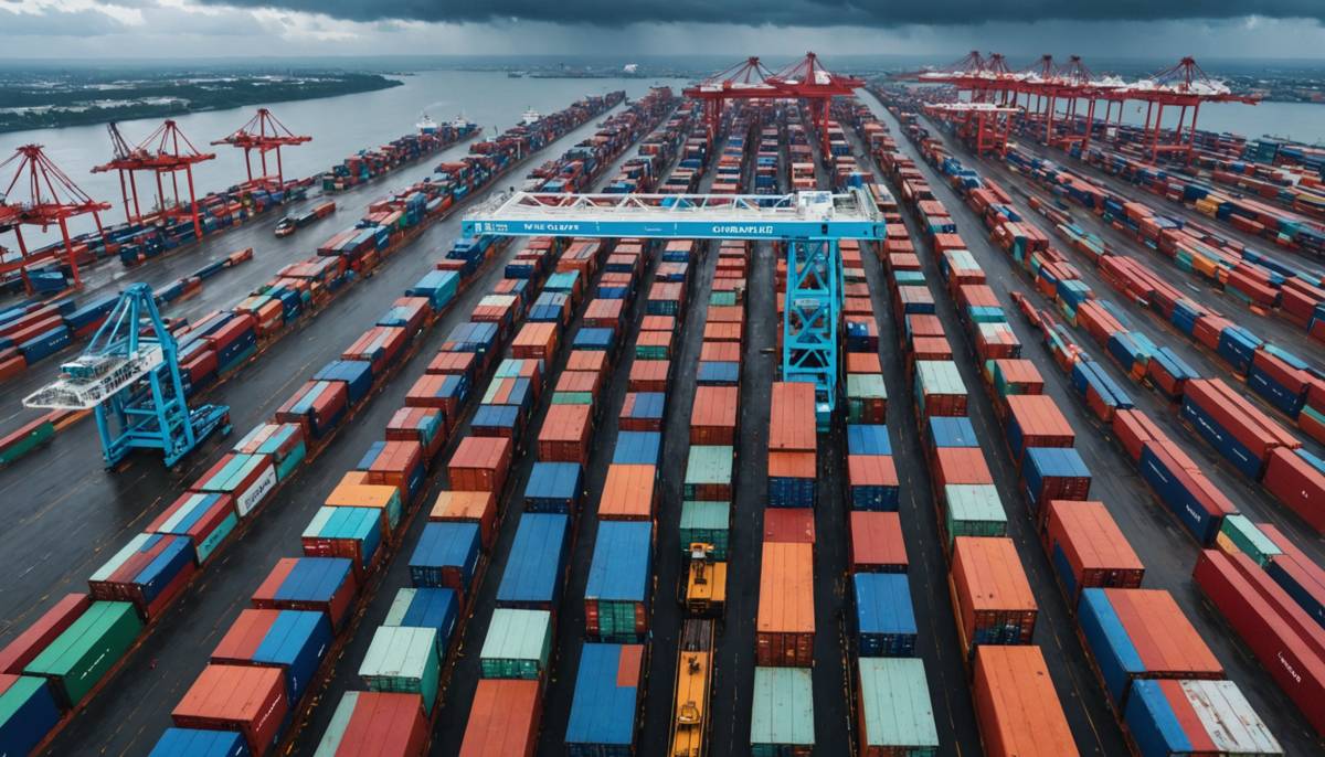 Container port under a storm sky