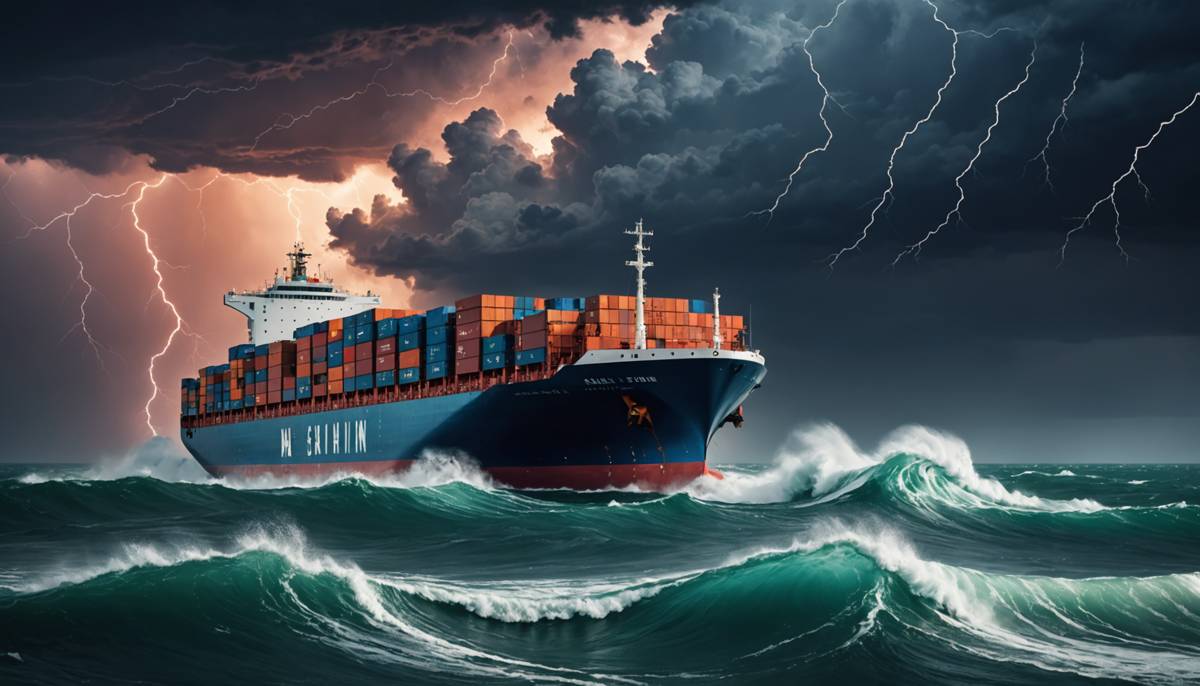 Container ship battling storm waves