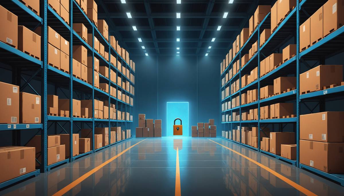 Warehouse aisle with a glowing padlock hologram floating above parcels