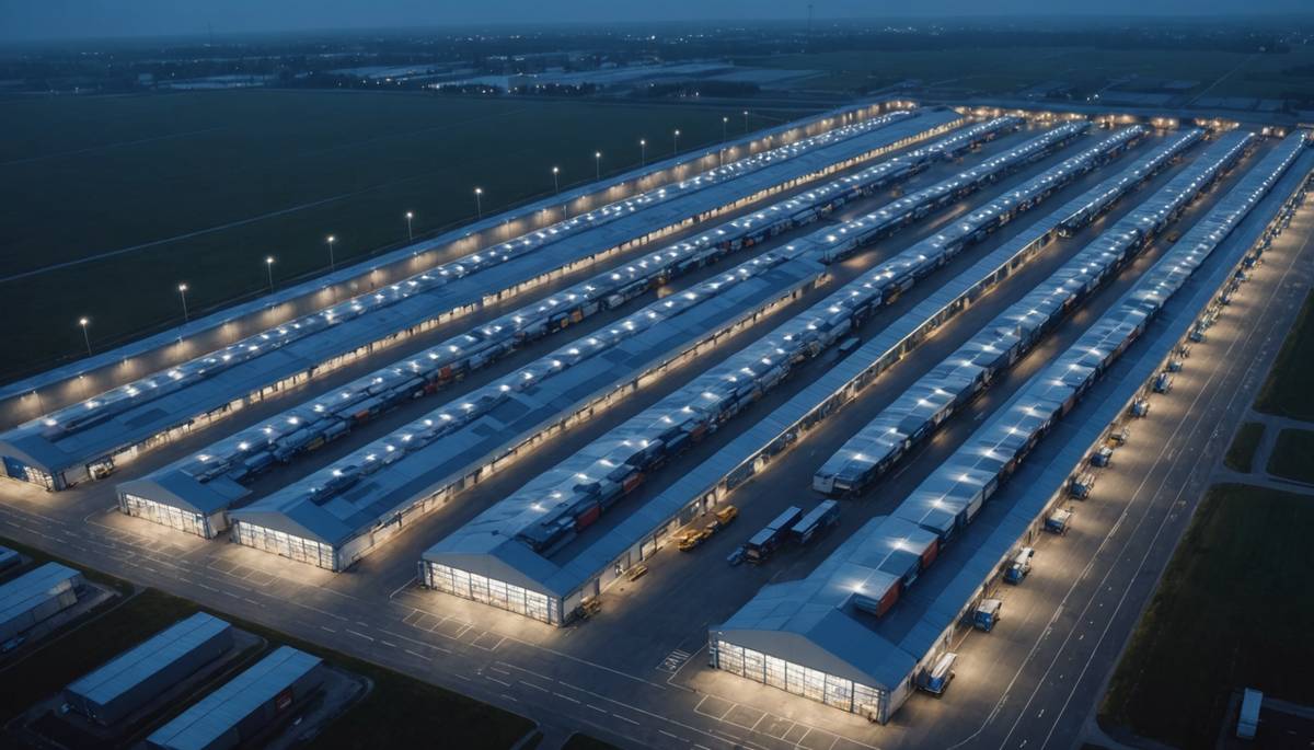 Aerial night view of a large distribution center with cargo trucks at loading docks