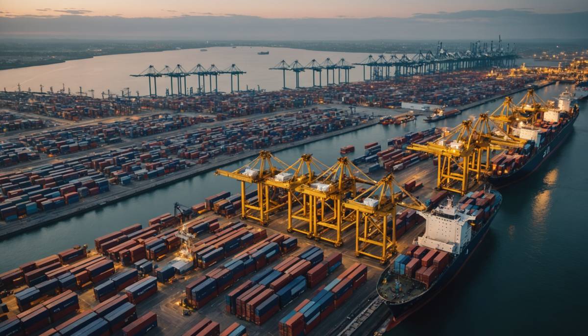 Container port with cranes working several berths at dusk