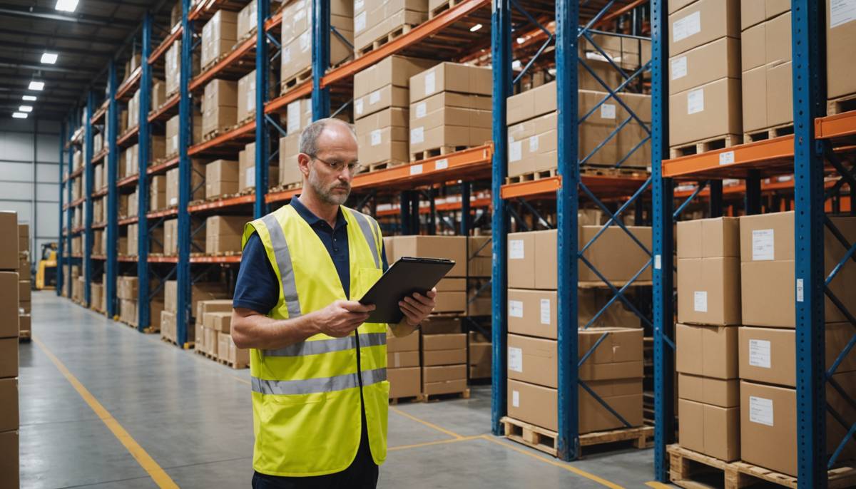 Warehouse receiving area with pallets being checked near storage racks