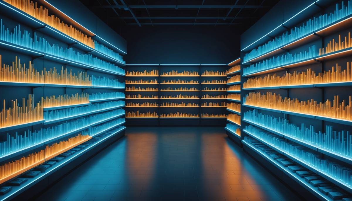 Glowing abstract waves of demand signal above retail shelves