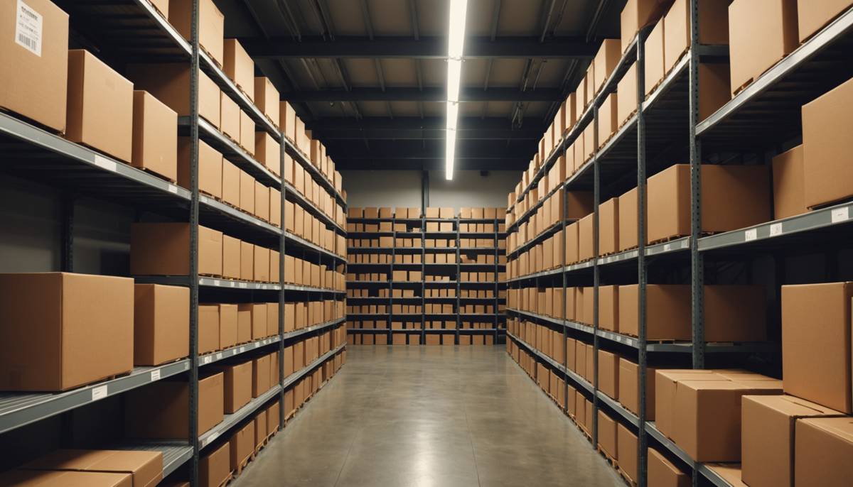 Retail shelves stocked with cartons in a distribution aisle