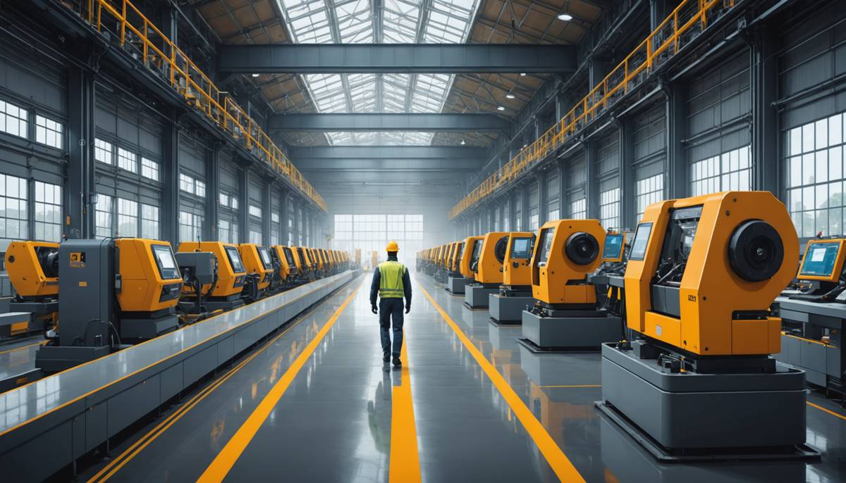 Worker walking between idle machines in a modern factory