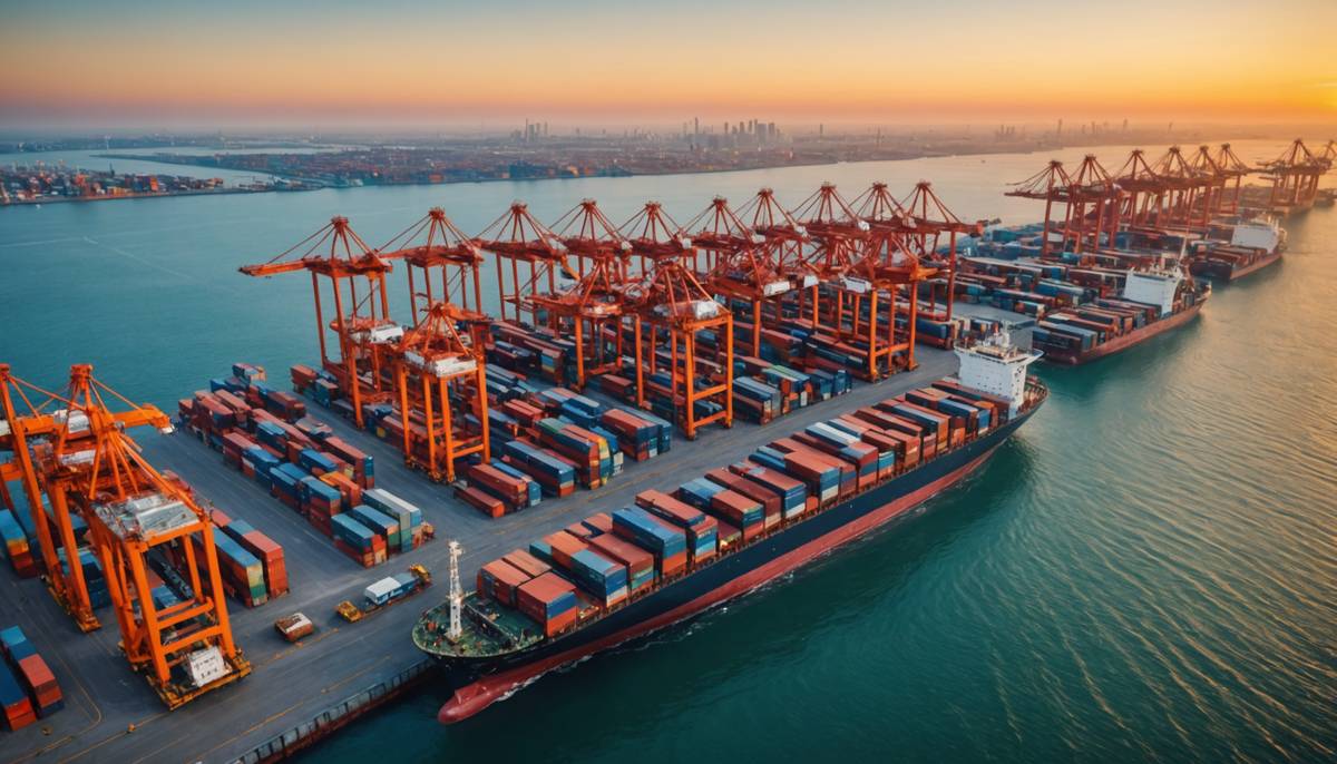 Container cranes loading a cargo ship at dusk