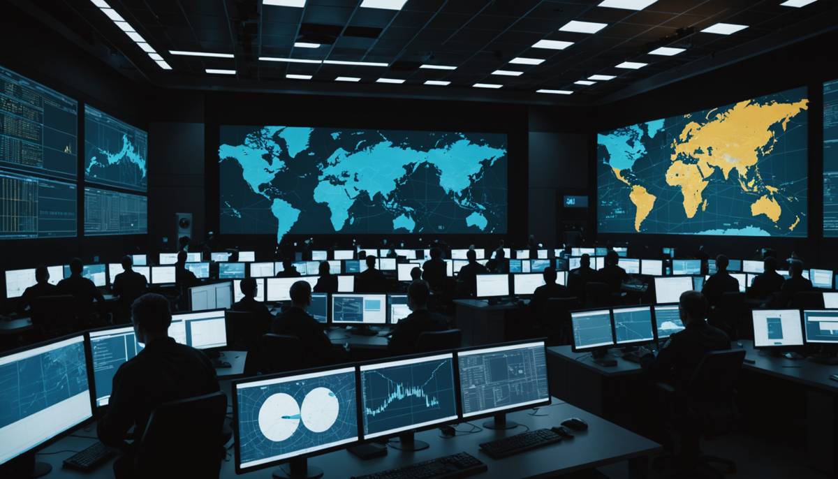 Logistics command center watching screens at night