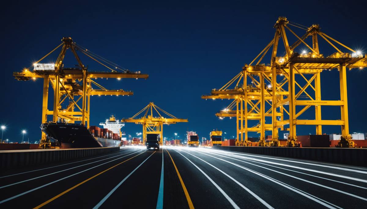 Container terminal with light trails at night