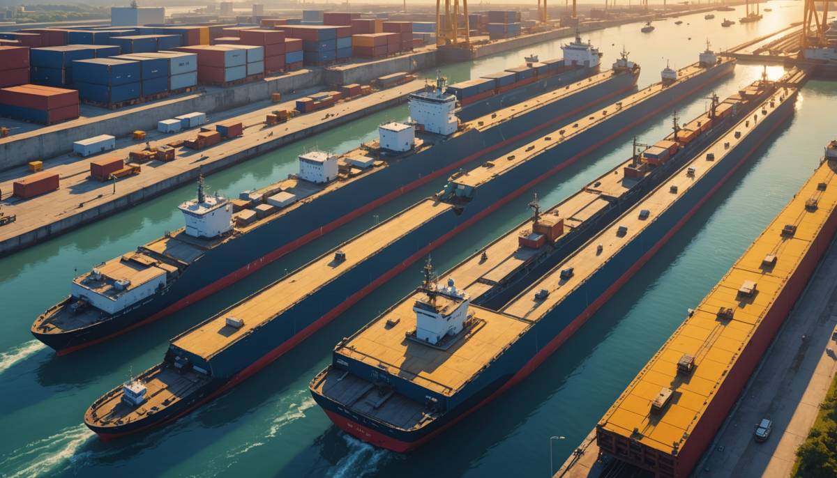 Cargo ships queuing between canal locks
