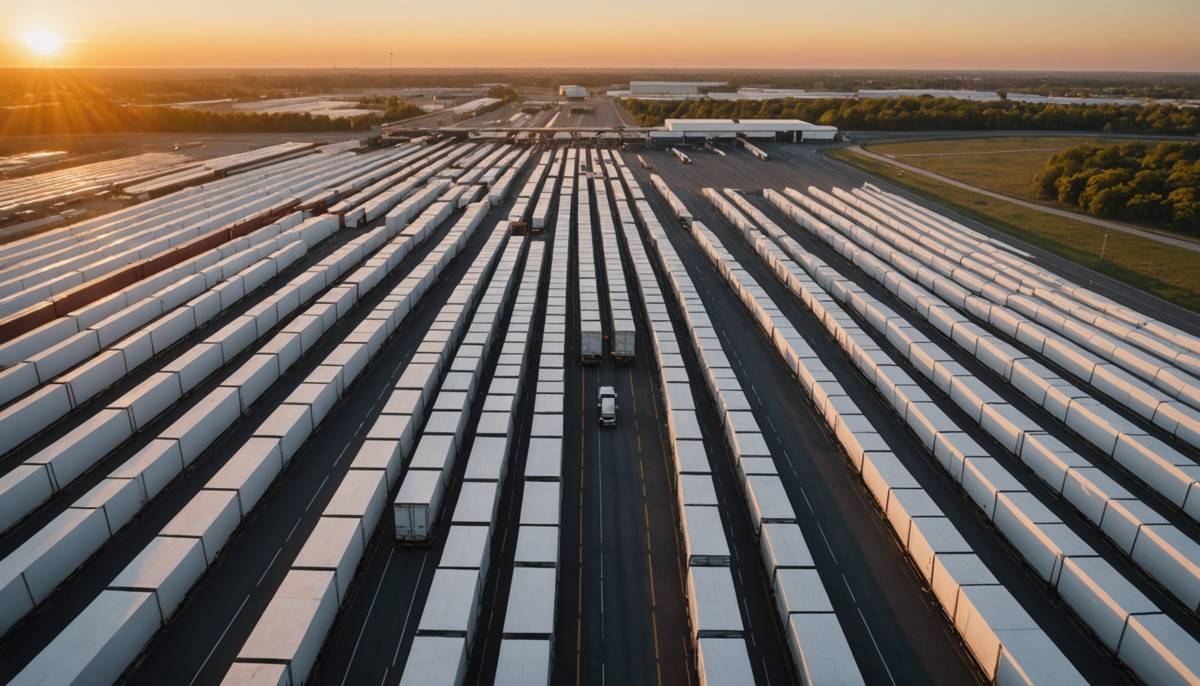 Trailers staged in a distribution center yard at dusk