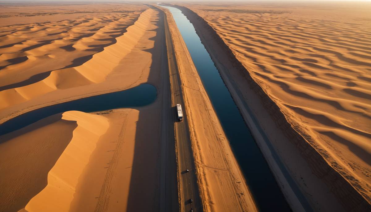 Aerial view of a shipping canal cutting through desert dunes at sunrise