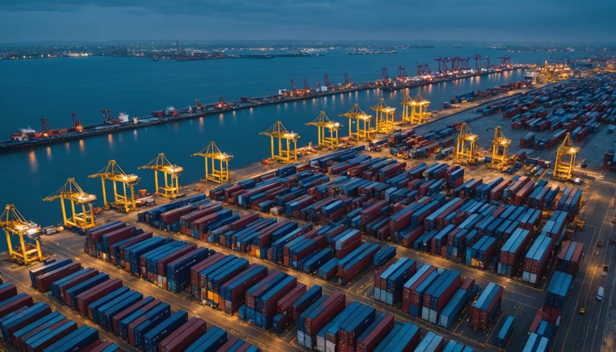 Container terminal with gantry cranes working several berths at blue hour