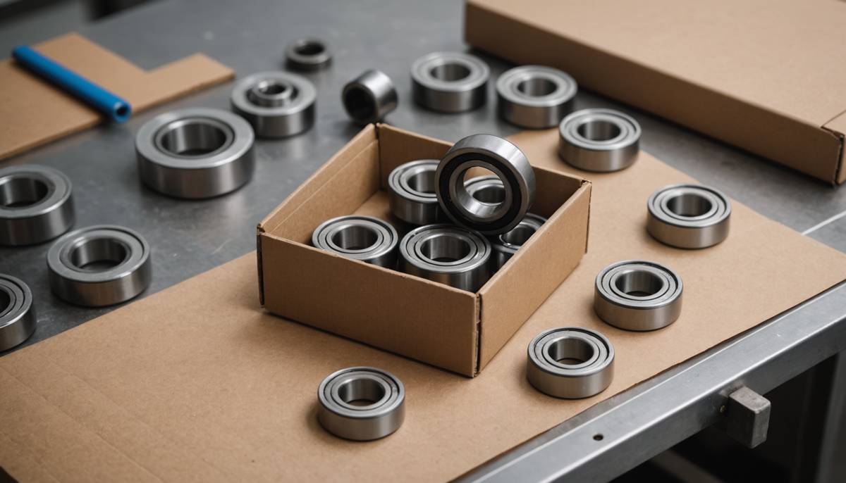 Steel bearings beside plain cardboard boxes on a workbench
