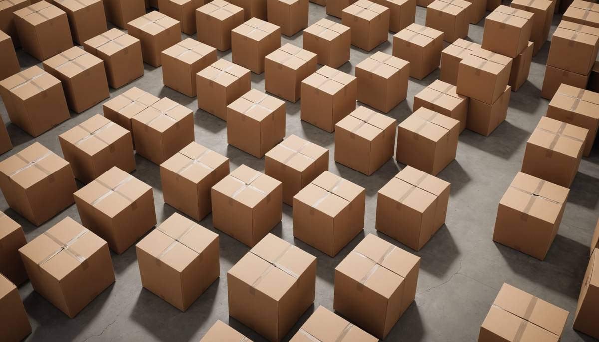 Plain sealed cartons arranged across a concrete warehouse floor