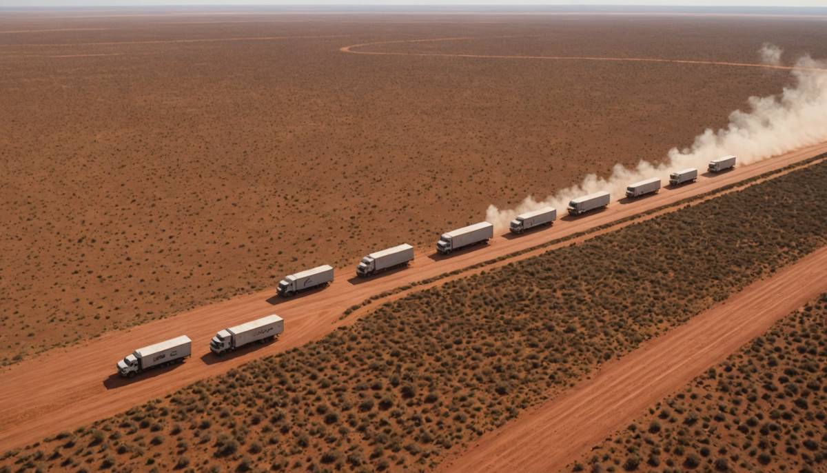 Truck convoy on a red dirt highway crossing dry savanna
