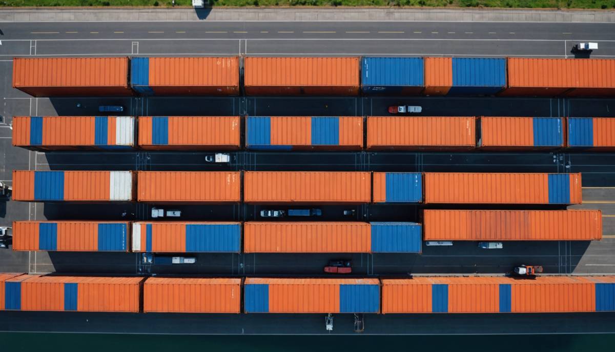 Aerial view of stacked container rows at a terminal