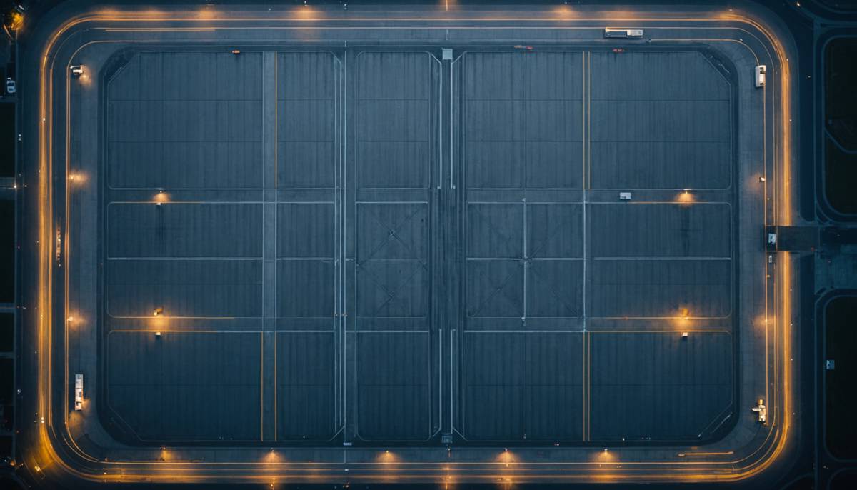 Aerial night view of an empty airport apron with runway lights