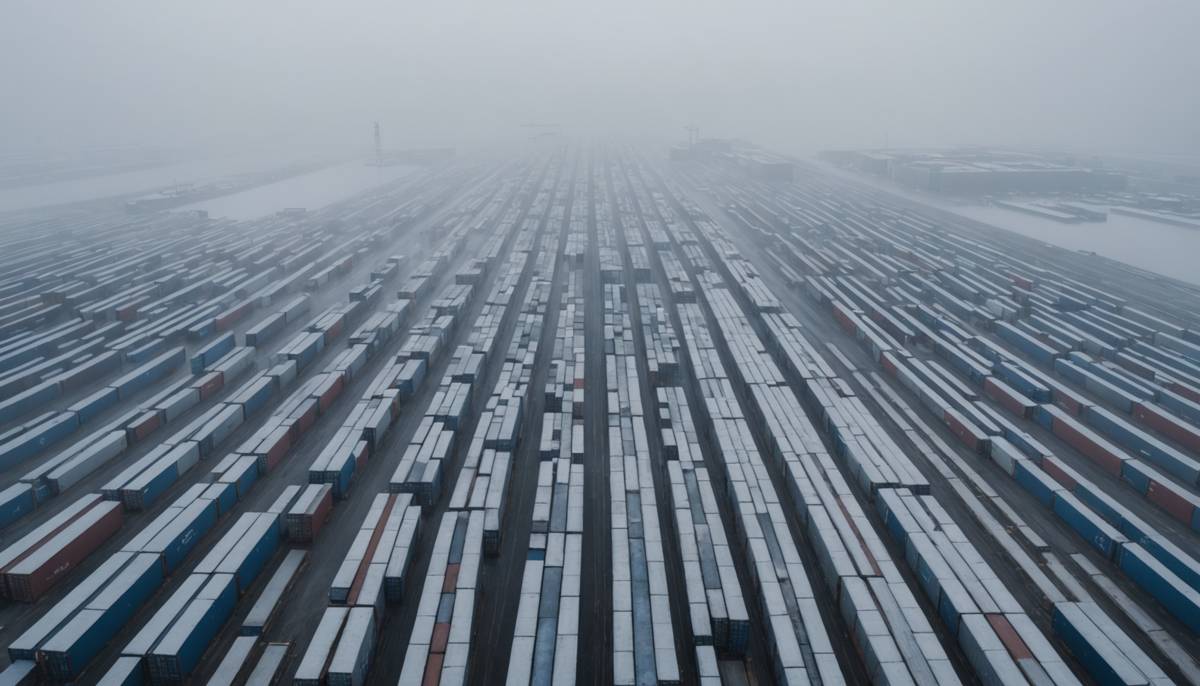 Aerial view of a container yard dissolving in heavy fog