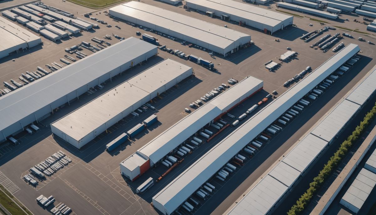 Aerial view of a large distribution center and truck yard