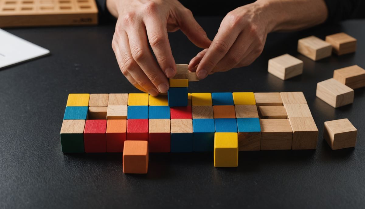 Hands arranging colored blocks to represent connected supply chain decisions