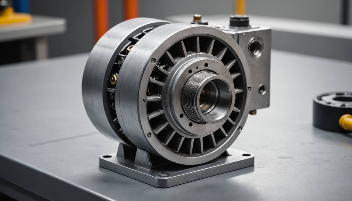 AI-generated motor assembly on a gray industrial workbench