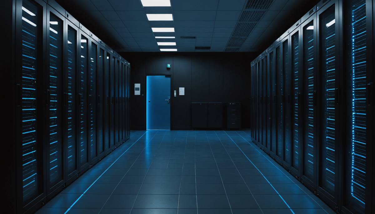 Dark data centre corridor with rows of server cabinets