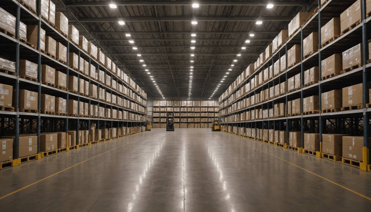 Wide warehouse aisle with racked pallets and no people