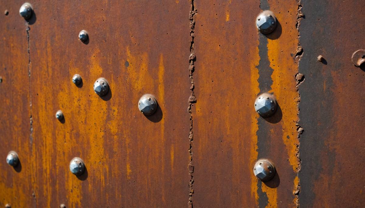 Macro of weathered painted steel plate with rivets and rust
