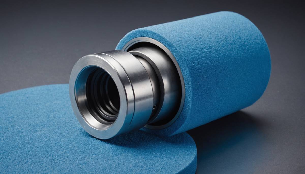 A silver metal component seated in blue foam against a dark background.