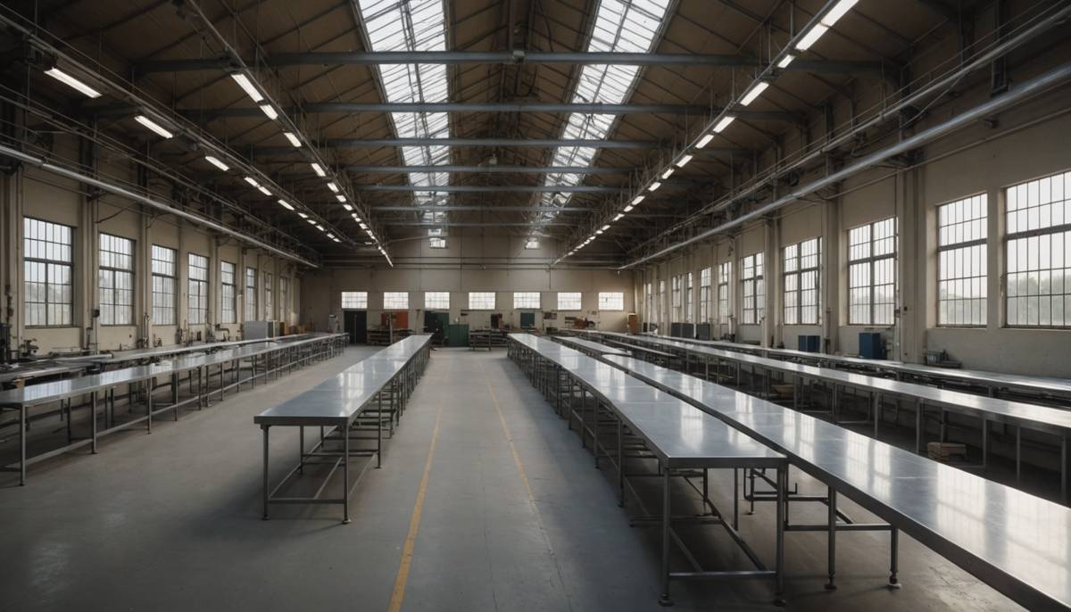 Rows of bare metal worktables in a quiet industrial hall