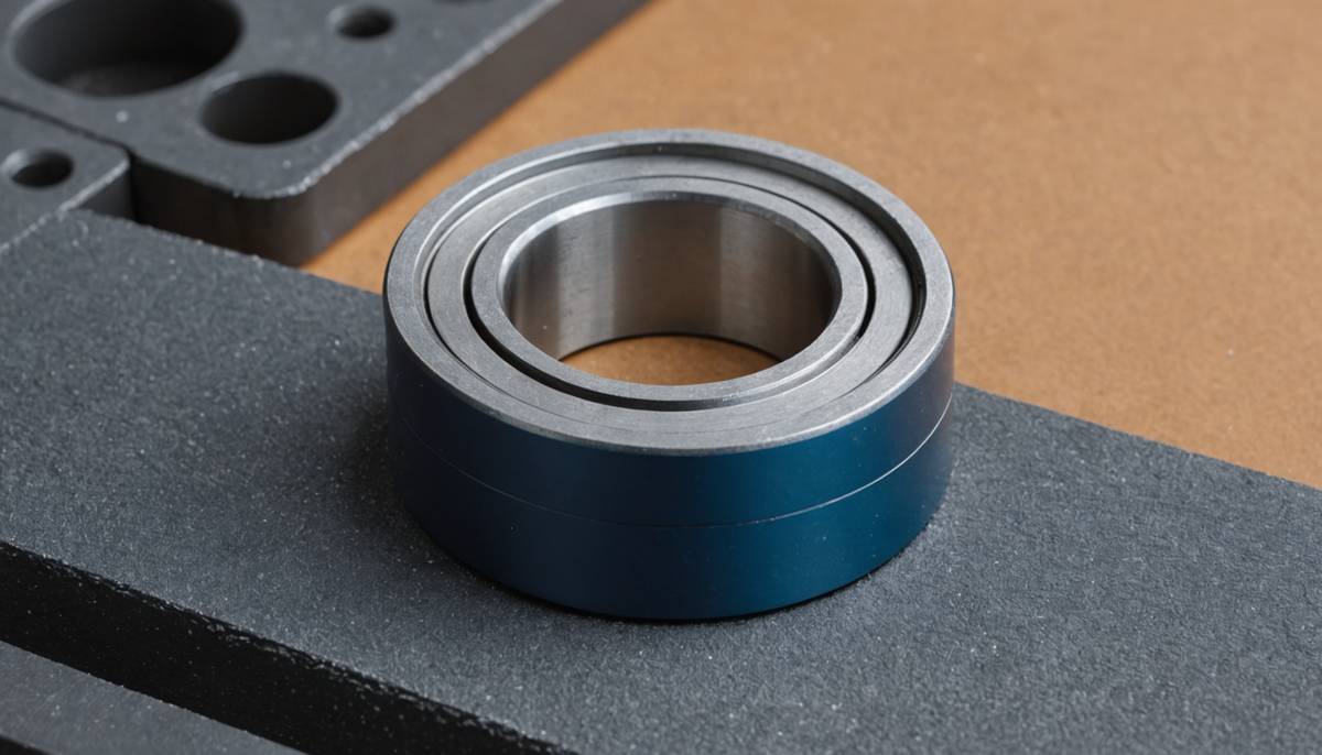Close-up of a blue and silver metal bearing on a dark textured surface