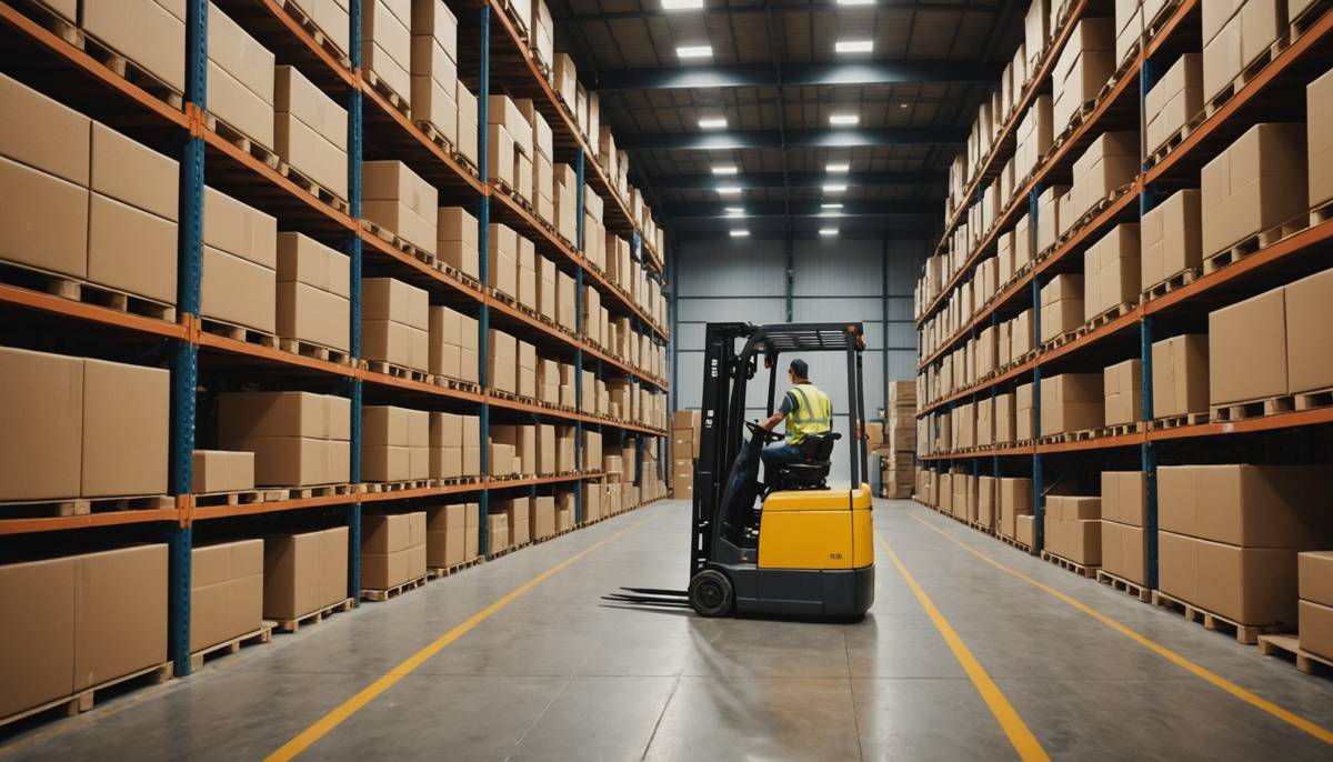 Warehouse aisle with pallets of plain shoe boxes