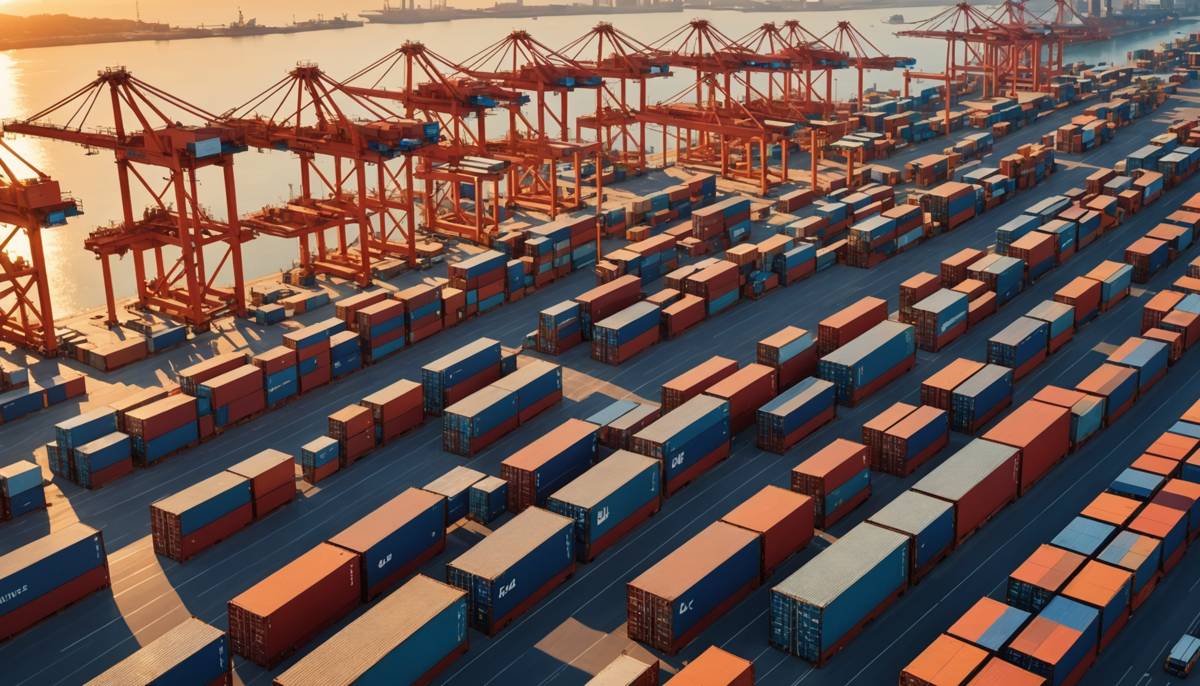 Container port at golden hour with cranes and trucks