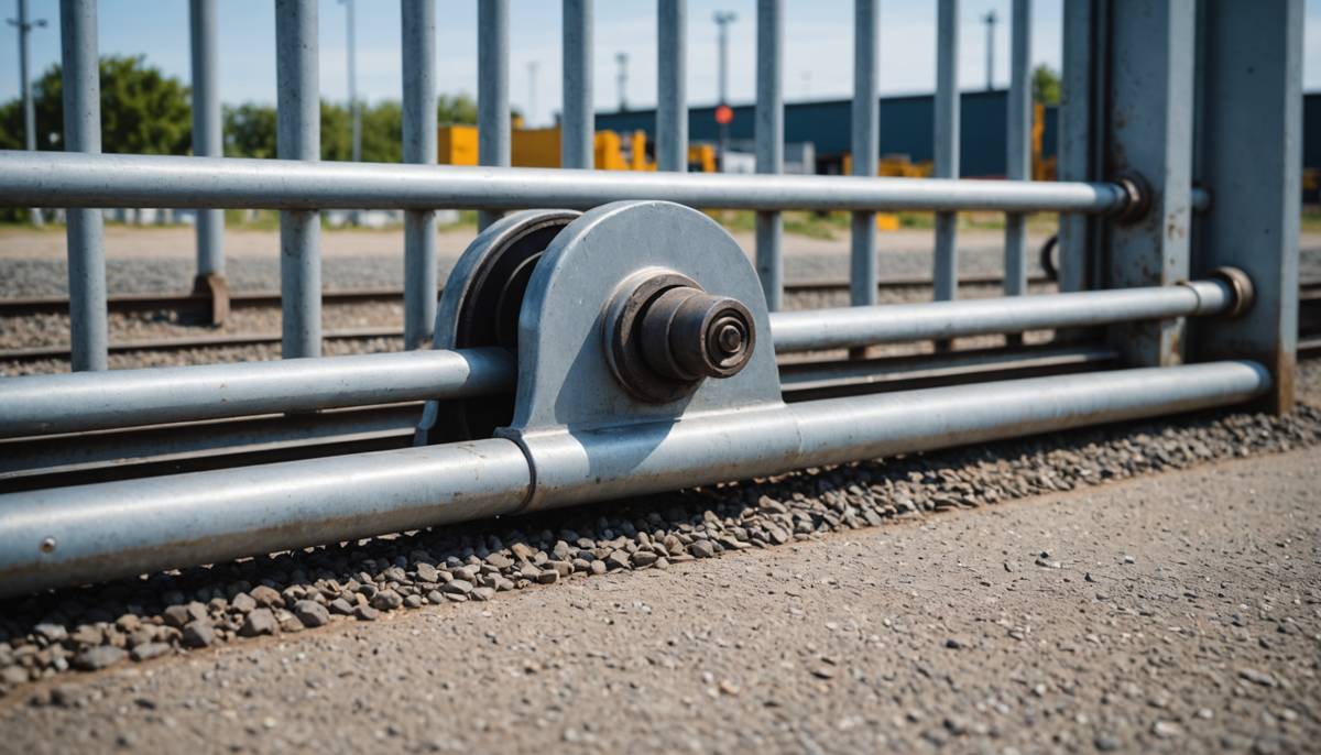 AI-generated illustration of a metal industrial gate roller and horizontal rails