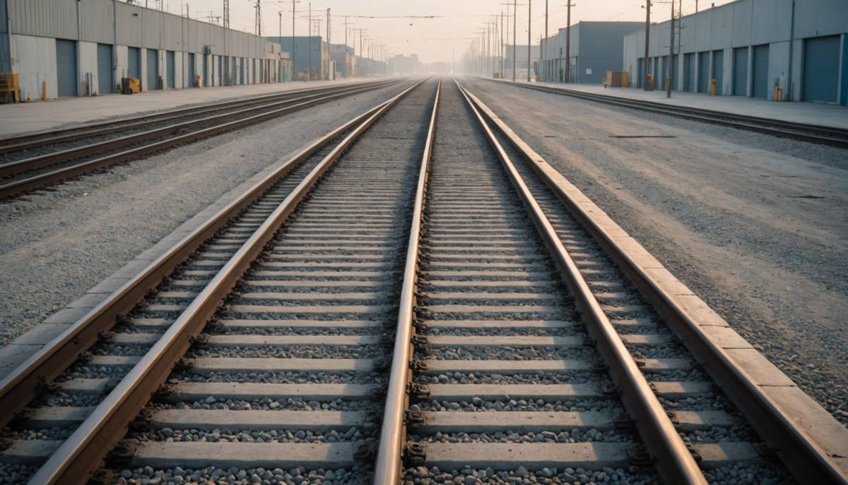 AI-generated illustration of empty railway tracks beside industrial buildings