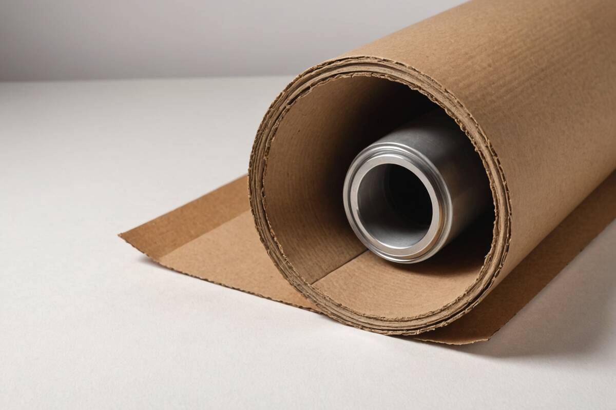 Metal sleeve inside a brown cardboard tube on a white surface.
