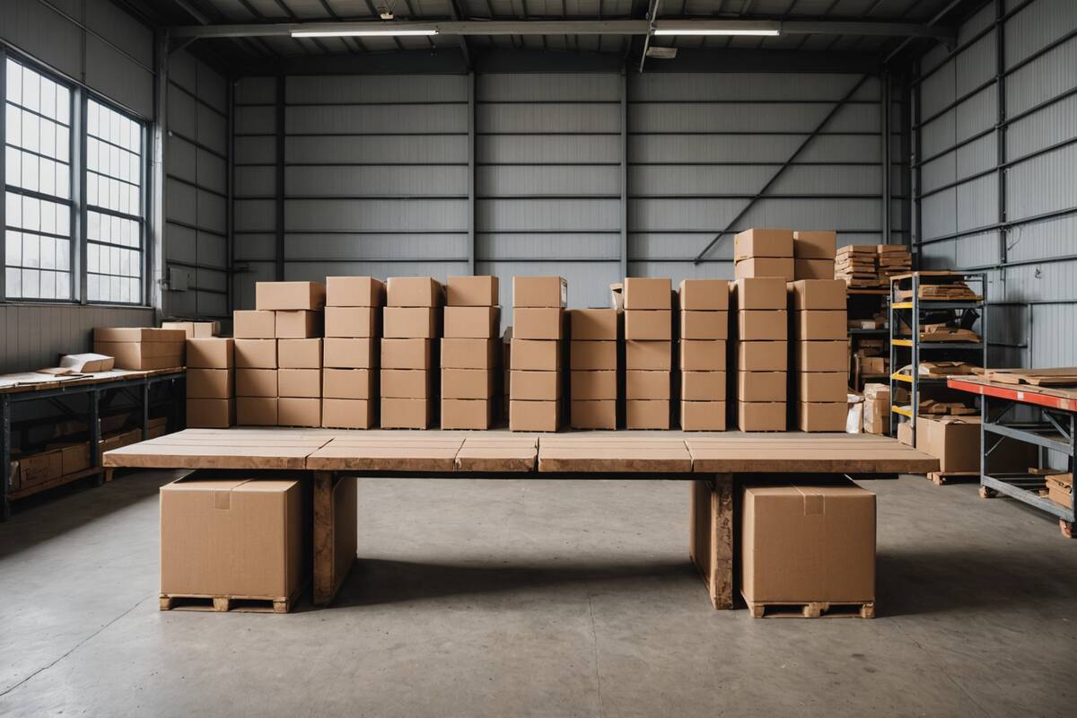 Warehouse with an empty wooden table and cardboard cartons around it.
