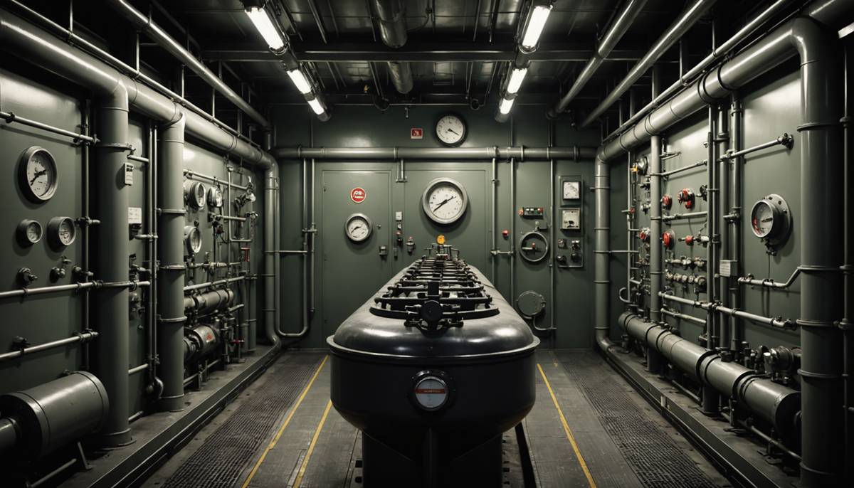 Engine room of a tanker, where cooling, engine speed and fuel delivery are managed