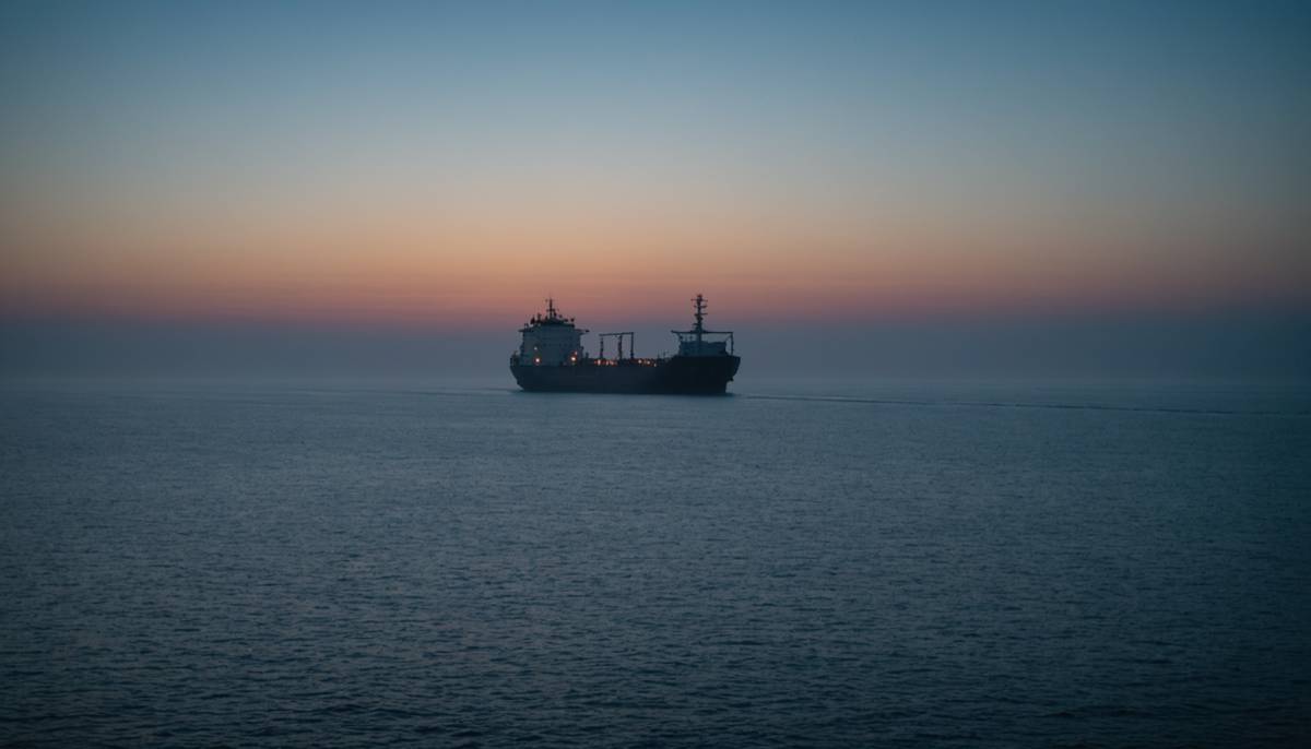 A tanker alone at sea before sunrise