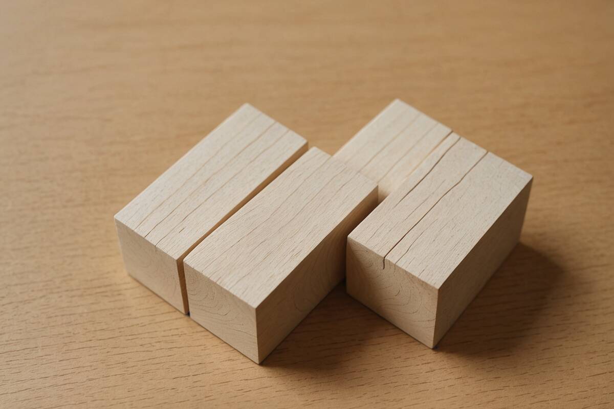 Four separate unpainted wooden blocks arranged on a pale surface